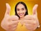 Thumbs up, portrait and hands of happy woman in studio, excited winner and bonus on background. Female model, thumb and