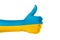 Thumbs up sign in the colors of the Ukrainian flag. Ukrainian resistance. Ukrainian support.