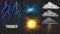 Thunder, Lightnigs Set Vector. Bolt, Night Sky Magic Bright Sparkle Effect. Fireball, Rain, Cloudy. Bad Weather