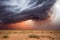 Thunder storm with lightening rages over desert dune natural disaster background. Intense electricity bolts emerging