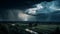 Thunderous dark sky with black clouds and flashing lightning, weather, natural disasters