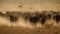 A thunderous herd of stampeding wildebeest charging across an open plain raising up dust behind them created with Generative AI