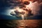 Thunderstorm, bright lightning in dark stormy sky, stormy sea, big waves. Generative ai image.