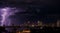 Thunderstorm over the city at night. Lightning strikes and purple skies. Generative AI