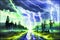 Thunderstorm over the forest at night. Colorful illustration