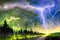 Thunderstorm over the forest at night. Colorful illustration