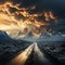 thunderstorm over the mountains with a road straight ahead to these mountains