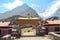 Thyangboche Monastery`s entrance with Thamserku mountain peak in the background