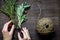 Thyme and sage on wooden background with hands top view