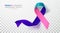 Thyroid Cancer Awareness Month. Teal and Pink and Blue Color Ribbon Isolated On Transparent Background. Vector Design