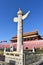 Tian`anmen Square near the Forbidden City in Beijing with a big white stone sculpture, China