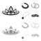 Tiara, gold chain, earrings, pendant with a stone. Jewelery and accessories set collection icons in black,monochrom