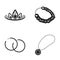 Tiara, gold chain, earrings, pendant with a stone. Jewelery and accessories set collection icons in black style vector