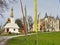 Tibetan Buddhism prayer flags with Om Mani Padme Hum Buddhist mantra prayer written on them are waved by the wind