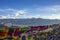 Tibetan Buddhist colored prayer flags on the background of a mountain desert