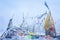 Tibetan Buddhist prayer flags on snow mountain pass