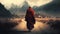 Tibetan monk in red robe walking on path among mountains rear view, beautiful nature landscape