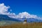 Tibetan pagoda against mountains and landscape of Qinghai, China