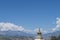 Tibetan pagoda against mountains and landscape of Qinghai, China