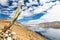 Tibetan prayer flag overlooking Tso Moriri (lake Moriri) in Ladakh, India