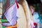 Tibetan script on flags hanging near a lying buddha in Gaomiao t