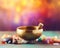 Tibetan singing bowl with healing stones on a colorful background.