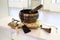 Tibetan Singing Bowl and Tingsha for Yoga, Relaxation, and Meditation on Display Shelf