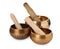 Tibetan singing bowls and wooden mallets on white background