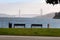 Tiburon, California benches overlook the bay and Golden Gate Bridge