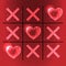 Tic tac toe board game where love wins with glowing low polygonal heart shapes isolated on dark red