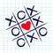 Tic tac toe game with criss cross and red heart sign mark XOXO. Hand drawn blue pen brush. Doodle line. Valentines day Flat design