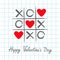 Tic tac toe game with criss cross and three red heart sign mark XOXO. Hand drawn pen brush. Doodle line. Happy Valentines day card