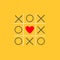 Tic tac toe game with cross and red heart sign mark in the center Love card Flat design Yellow background