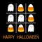 Tic tac toe game with ghost spirit and candy corn. Happy Halloween. Cute cartoon kawaii funny character set. Greeting card. Flat