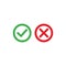 Tick and cross icons. Green checkmark OK and red X icons, Circle shape symbols YES and NO button for vote, decision, web. Correct