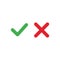 Tick and cross icons. Green checkmark OK and red X icons, Circle shape symbols YES and NO button for vote, decision, web. Correct