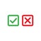 Tick and cross icons. Green checkmark OK and red X icons, Square shape symbols YES and NO button for vote, decision, web. Correct