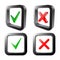 Tick and cross signs. Green checkmark OK and red X icons, isolated on white background. Vector illustration