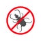 Tick insect silhouette. Mite deer ticks icon. Dangerous black parasite. Prohibition no symbol Red round stop warning sign. White