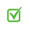 Tick symbol in green square, checkmark in checkbox vector icon.