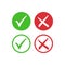 Tick symbol set in red and green circle, checkmark in checkbox vector icons.