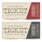 Ticket template with detachable part and barcode in grey, beige and red colours.