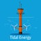 Tidal power station on a blue background. Tidal energy sources concept. Vector illustration.