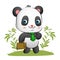 The tidy panda with the bright tie is holding a suite case and walking in the garden