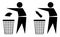 Tidy, stick man throws garbage into trash bin. Keeping order reminder. Waste recycling. Caring for environment. Vector symbol