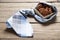 Tie and box with cookies on a wooden background. Gift to dad. Happy Daddy`s Day