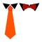 Tie classic and Bow Tie, colorful carrot color tie and burgundy bow tie on black shirt collar accessories flat simple