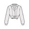 Tie-front cropped shirt technical fashion illustration with camp collar, long sleeves with cuff, front button fastenings