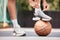 Tie shoes, sports and hands on a basketball court getting ready for training, cardio workout and fitness exercise