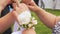 Tie the wrist bouquet at wedding celebration - close up